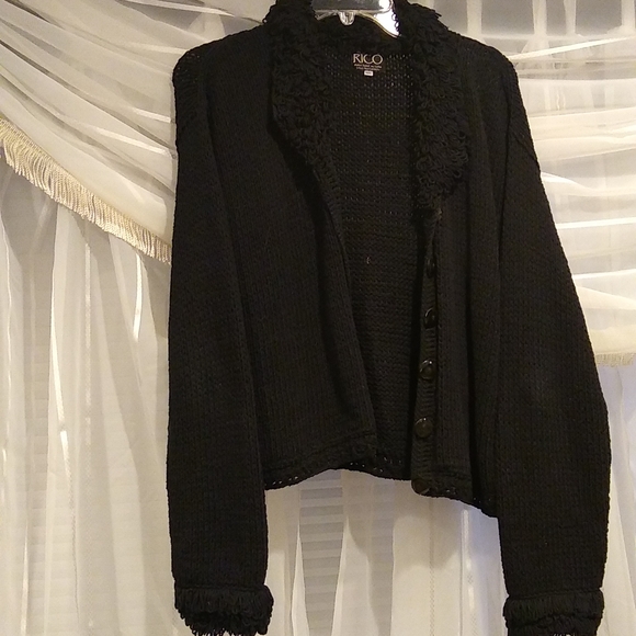 Black Sweater Hand Made knit loop fringe button-down cardigan, L - Picture 2 of 10